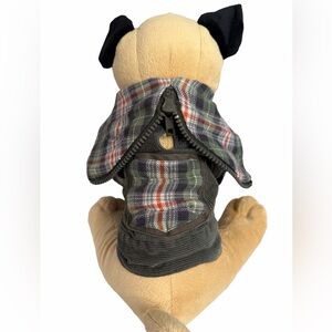 Green Corduroy Plaid Dog Jacket with Zipper Hood & Pocket on Back size XS